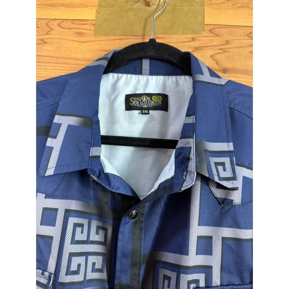 Senor De Los Cielos Mens 2XL Blue Geometric Greek Key Western Button Down Shirt